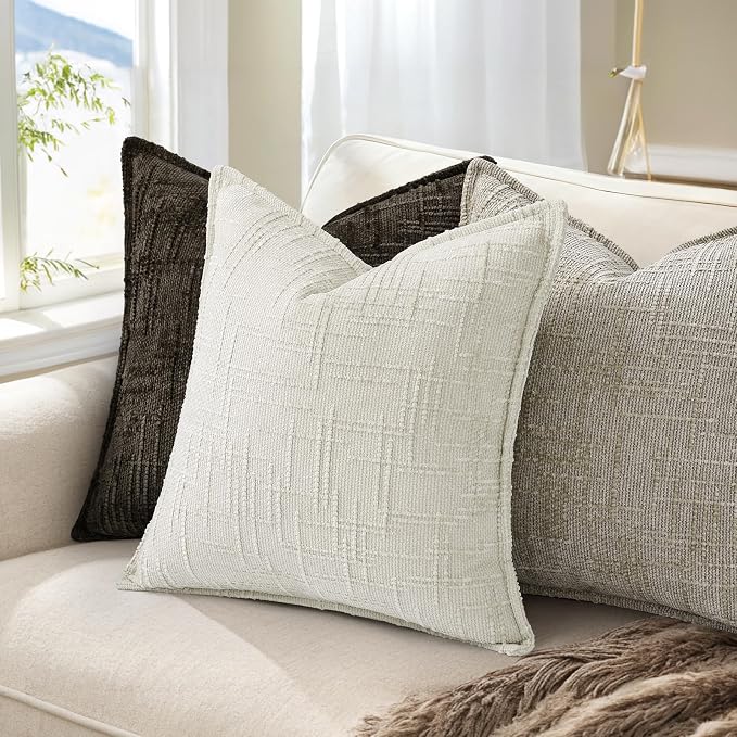 decorUhome Chenille Throw Pillow Covers 20x20 Set of 2, Soft Textured Slubby Modern Decorative Pillow Covers with Elegant Design for Couch, Sofa, Living Room, Light Brown