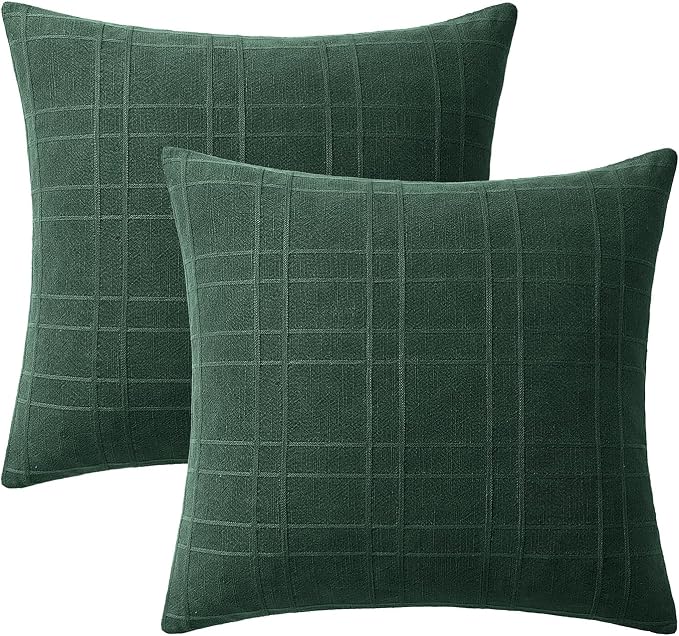 MIULEE Decorative Linen Check Euro Shams Throw Pillow Covers Neutral Farmhouse Vintage Spring Pillow Covers 24x24 Set of 2 Boho Modern Home Decor for Sofa Couch Bedroom Cushion Dark Green