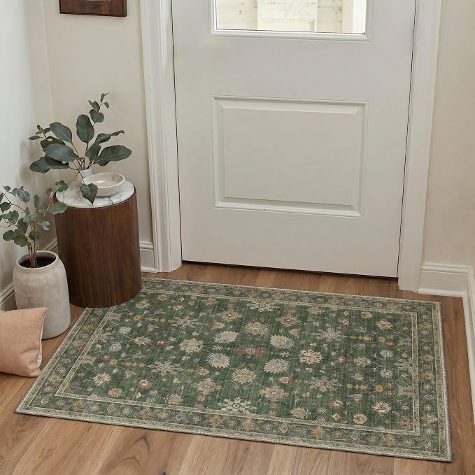 Bavni Area Rugs for Living Room, 5x7 Area Rugs Non-Slip Washable,Ultra-Thin Floral Vines Rug for Bedroom Dinning Room Office, Dusty Green