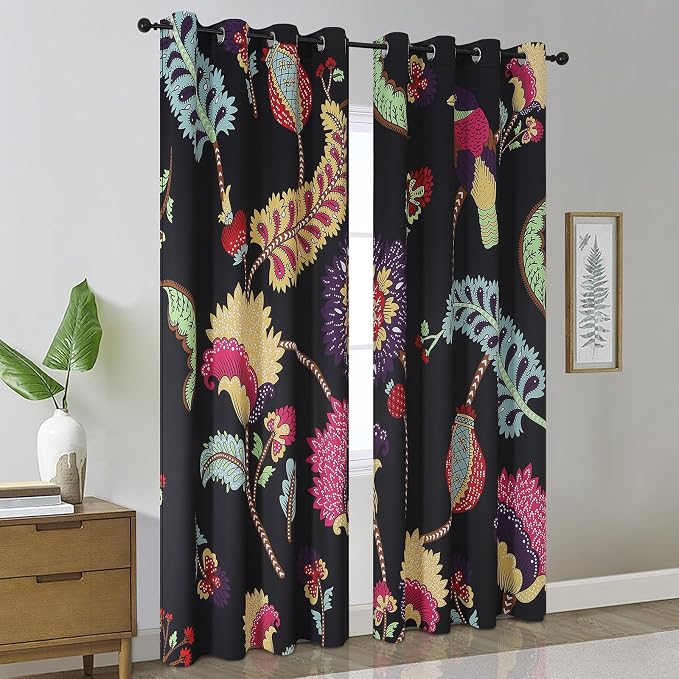 Estelar Textiler Bird and Feather Pattern Black Blackout Curtains 84 Inch Length 2 Panels Set for Bedroom, Floral Room Darkening Window Thermal Insulated Grommet Design Drapes for Living Room, 52Wx84L