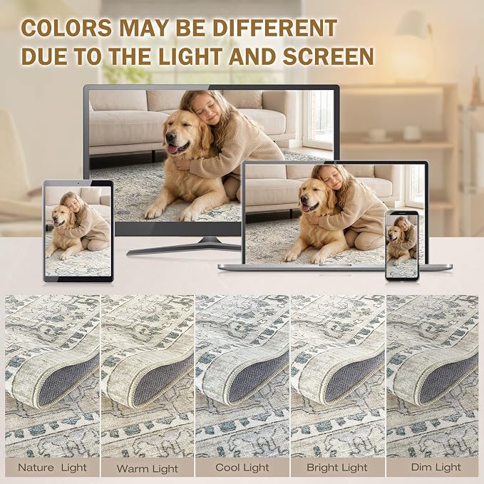 cotiled 7x9 Area Rug Machine Washable Vintage Carpet for Living Room Bedroom Soft Non-Slip Backing Floor Mat Kid & Pet Friendly Stain Resistant Green