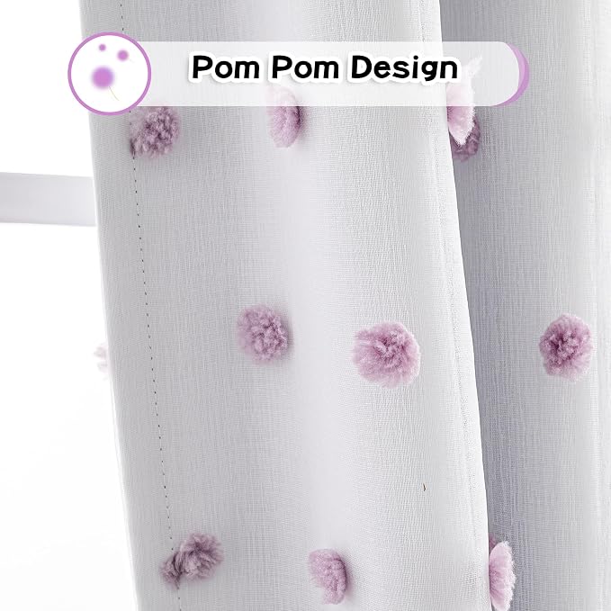 MYSKY HOME 100% Blackout Curtains for Nursery Thermal Insulated Purple Pom Pom Curtains 72 Inch Long for Girls Bedroom 2 Panels White Sheer Curtains for Dining Room Door Grommet, 52 x 72 in