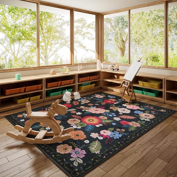 5x7 Area Rugs for Living Room: Machine Washable Rug for Bedroom Non Slip Low Pile Soft Faux Wool Non Shedding Distressed Vintage Floral Carpet for Dining Room Kitchen Nursery Farmhouse Entryway Indoor