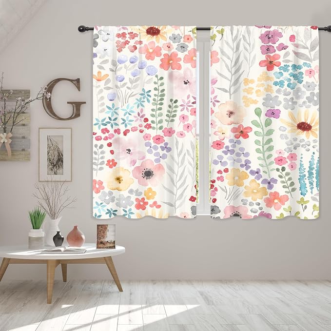 Riyidecor Colorful Floral Curtains Pink Cute Boho Wildflower Watercolor Plant Leaves Botanical Trendy Rod Pocket Pretty Aesthetic for Girls Bedroom Living Room Treatment Fabric 2 Panels 42Wx45H Inch