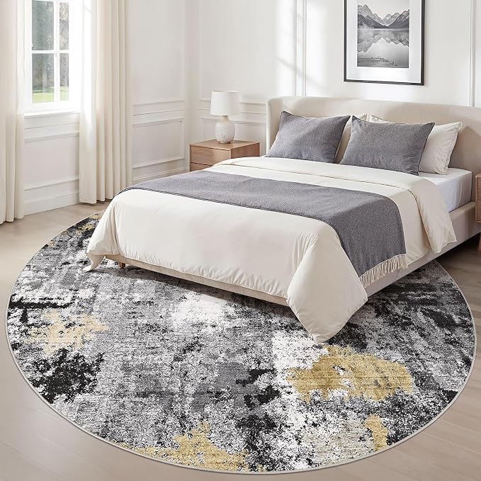 Abstract 8FT Round Rug: Machine Washable Non Slip Ultra Thin Low-Pile Carpet, Soft Stain Resistant for Living Dining Room Bedroom, Kid Pet Friendly, Robot Vacuum Compatible - Black Gold