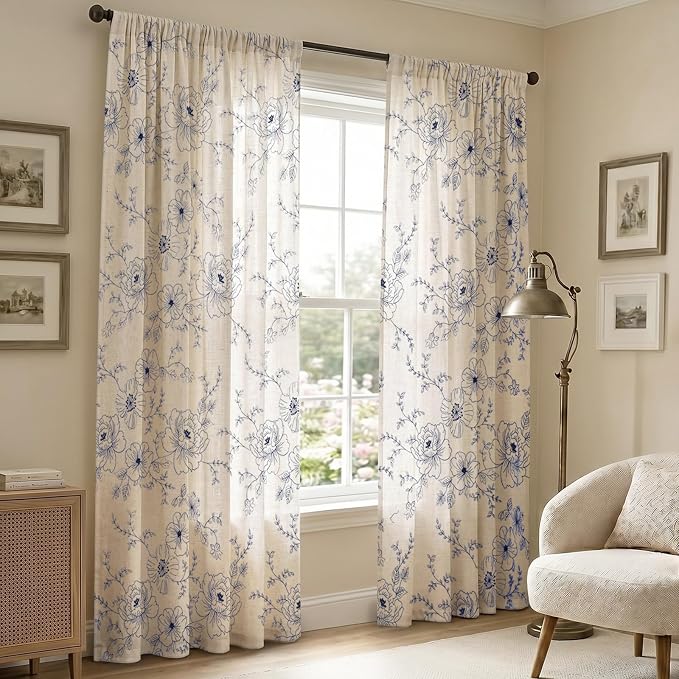 Boho Floral Curtains, Vintage Farmhouse Curtains 84 Inches Long, Dark Blue Cottage Core Flower 2 Panels