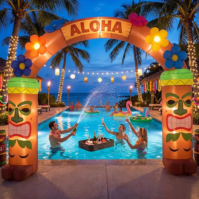 10 Ft Luau Hawaiian Inflatable Archway - LED Lighted Summer Decorations Aloha Tiki Blow Up Arch Party Decor for Summer Tropical Beach Pool Indoor Outdoor Lawn Garden Patio Yard