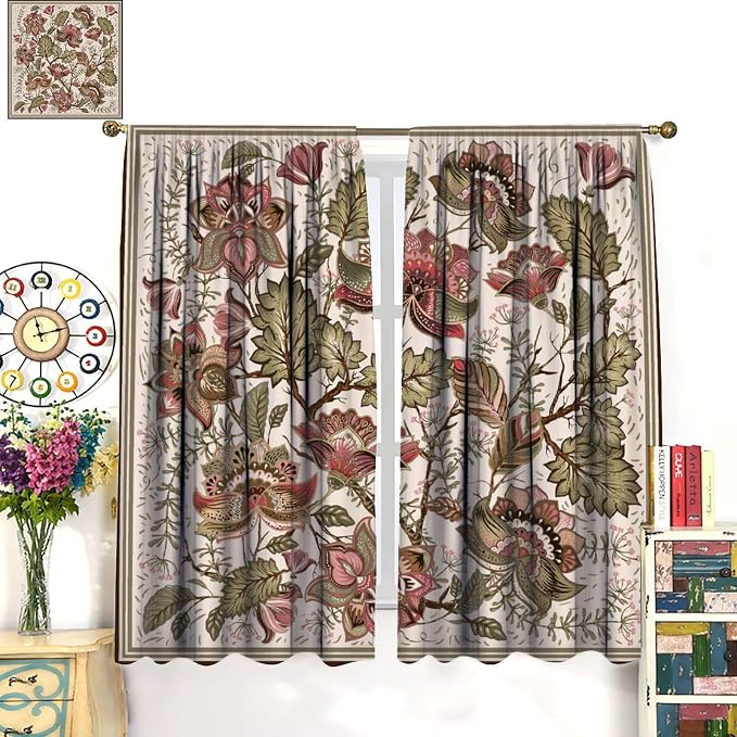 Vintage Floral Blackout Curtains, Bohemian Plant and Leaf Print, Blackout and Insulated Curtains for Bedrooms, Living Rooms, and Darkrooms72X63 Inch