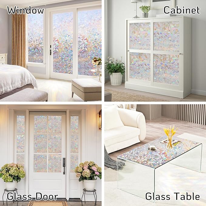 LUTE Window Privacy Film, Rainbow Window Film, 3D Decorative Stained Glass Cling, Non-Adhesive Vinyl Static Cling Removable Glass Stickers, Sun UV Blocking Decal Covering for Home, 17.5 x 118.1 inches