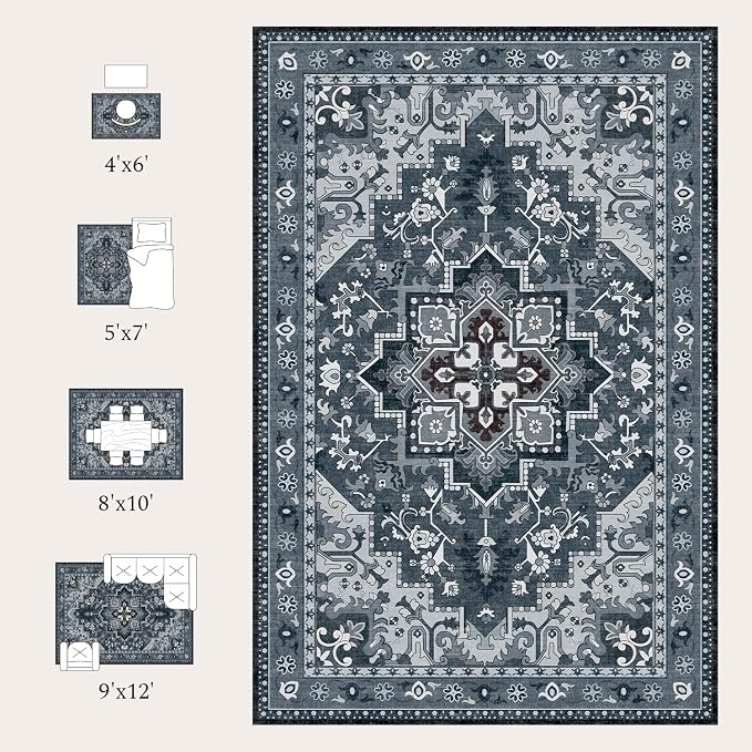 Rugflix 4x6 Area Rugs Machine Washable, Dark Navy Blue Carpet for Living Room, Oriental Indoor Area Rug Low Pile, Large Soft Thick Carpets Non Slip, Farmhouse Vintage Rug for Bedroom Dining Room