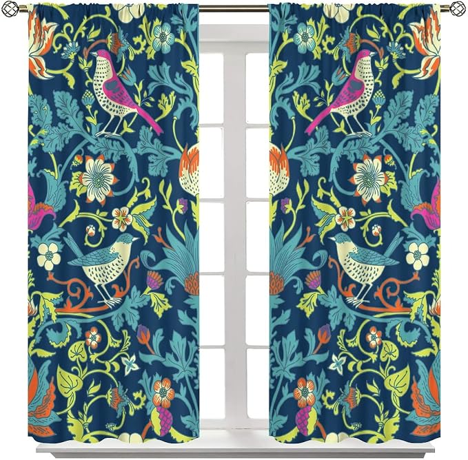 Boho William Morris Art Blackout Window Curtains, Magical Forest Vintage Flowers and Birds Rod Pocket Curtains, for Living Room Bedroom 31.5(W)*72(L) 2 Panels