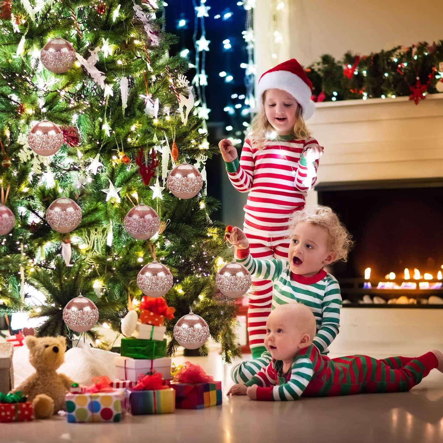 4" Christmas Ball Ornaments, 4pc Set Rose Gold Shatterproof Christmas Decorations Tree Balls for Xmas Trees Wedding Party Holiday Decorations