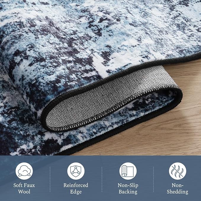 Rugflix 3x12 Runner Rug for Hallway, Washable Navy Blue Long Runners | Machine Washable; Stain-resistant; Low Pile; Non-slip; Modern Abstract; Black Carpet for Entrance Kitchen Hallway Home