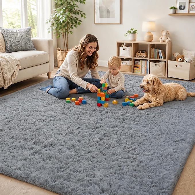 Area Rug for Living Room Bedroom: 9x12 Grey Soft Fluffy Shag Upgrade Non-Slip High Pile Carpet Large Fuzzy Plush Indoor Floor Decor Shaggy Rug for Kid Boys Girls Dorms Playroom Nursery Modern Home