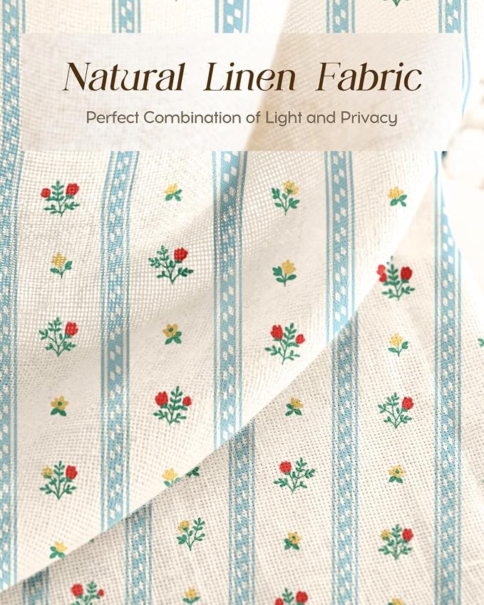 Miss Adola Farmhouse Kitchen Tier Curtains - 36 Inch Length Linen Blend Boho Cafe Curtains Blue Floral Small Window Treatments Over Sink Rod Pocket for Bathroom Living Room Light Filtering, 2 Panels
