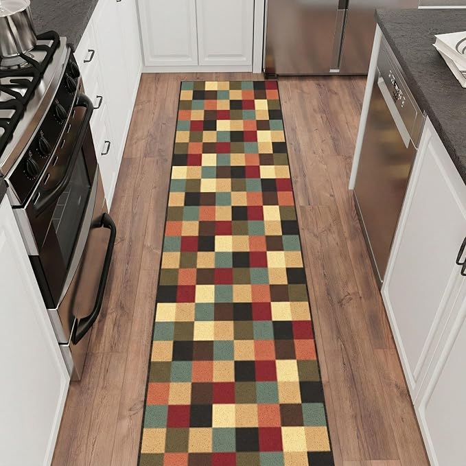 Ottomanson 1'10.5" x 38' Extra Long Hallway Runner Rug – Non Slip Low Pile Carpet Runner for Hallways, Corridors & Narrow Spaces, Checkered Multicolor