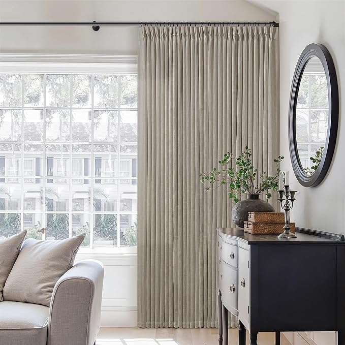 Pinch Pleated Linen Curtains 86 Inches Long for Living Room 2 Panels Set Greyish Beige Flax Double Pleated Drapes Back Tab Farmhouse Ceiling Floor 86 Inch Window Curtains Bedroom Burlywood Birch