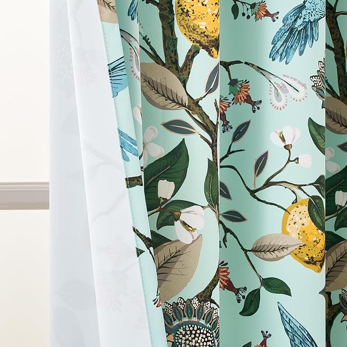 Topfinel 72 Inches Long Floral Curtains for Living Room Vintage French Country Grommet Botanical Hummingbird Woodland Patterned Mint Green Lemon Drapes for Bedroom Dining Living Room