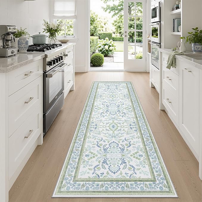 DCX Green and Blue Floral 2x8 Runner Rug, Machine Washable with Non Slip Vintage Backing Hallway Runner Rug Carpet for Nursery Soft Low Pile Stain Resistant, Kitchen, Bathroom