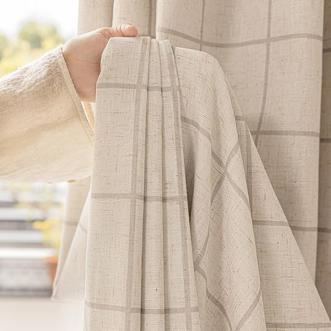 THREE GIRLS Plaid Pinch Pleated Curtains - Modern Luxury Linen Buffalo Blackout Drapes, Thermal Insulated Double Layer Window Panels for Living Room Bedroom, 90 Inches Long Brown 2 Panels Set