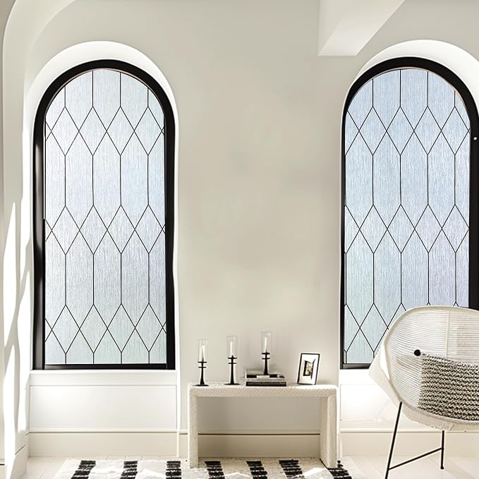 Windimiley Window Privacy Film Stained Glass Static Clings, Bathroom Frosted Leaded Decorative Window Stickers, UV Heat Blocking Opaque Removable for Home Door Coverings (35.4 x 78.7in,Rain)
