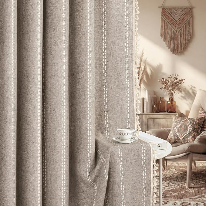 Khaki Brown Boho Blackout Curtains 2 Panels 63 Inch for Living Room Bedroom, Warm Taupe Linen Texture Farmhouse Curtains with Tassels and White Cotton Embroidery Vintage Rustic Country Western