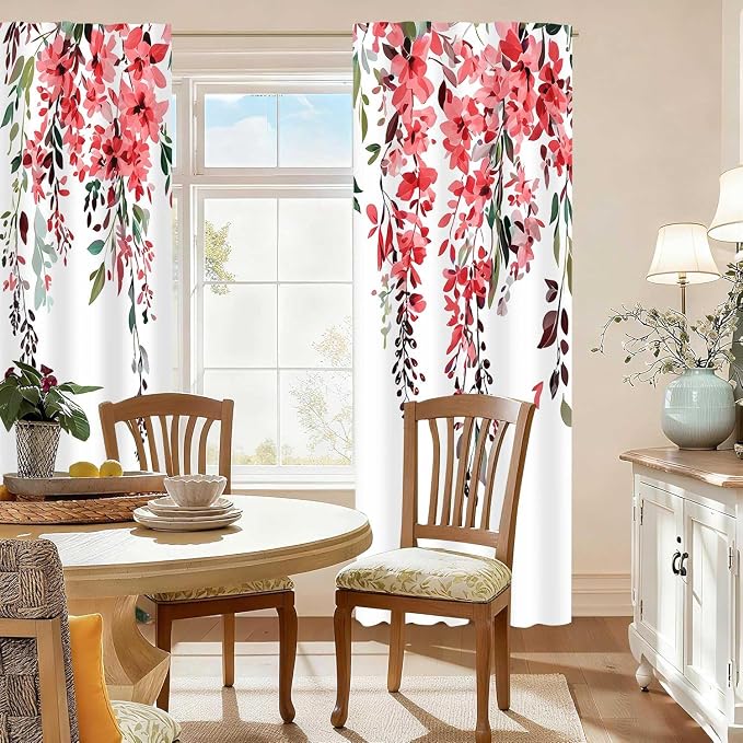 Red Watercolor Floral Curtains, Botanical Leaves Vine Flowers Curtain, Rustic Farmhouse Flower Leaf Blackout Window Treatment Drapes for Bedroom Living Room 52x90 inch, 2 Panels