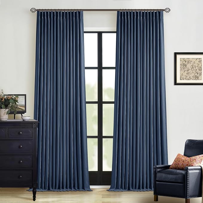 Navy Blue Blackout Linen Curtains 108 Inches Long for Bedroom Pinch Pleated Black Out Curtains Lined 2 Layers Memory Shape Noise Reducing Rustic Farmhouse Living Room Darkening Window Drapes Indigo