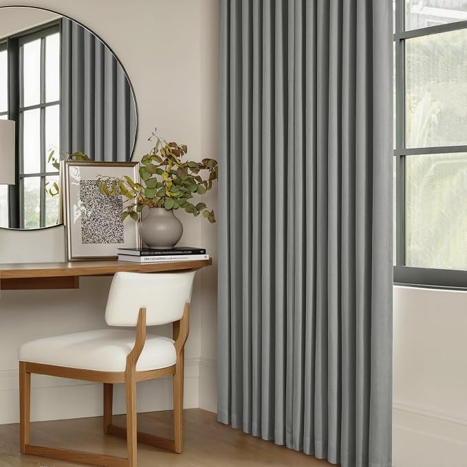 Grey 100% Blackout Pinch Pleated Linen Curtains Pinch Pleat Floor to Ceiling Curtains with Rings Hooks 120 Inches Long Thermal Insulated Window Drapes for Bedroom Living Room Track 2 Panels