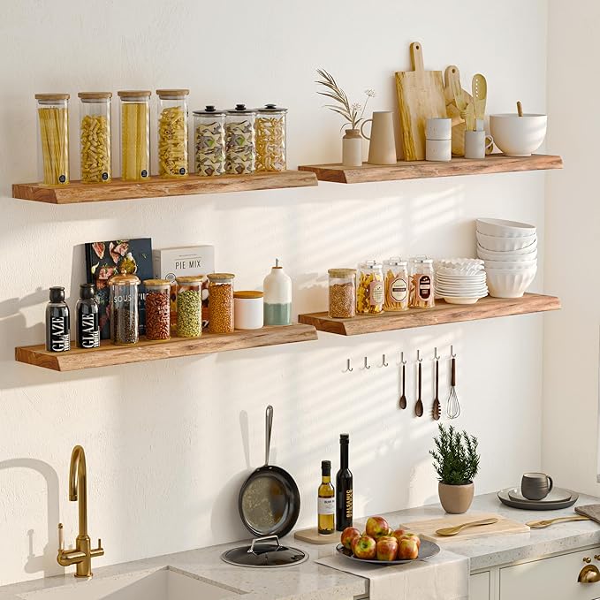 Fun Memories Floating Shelves for Wall Decor, Rustic Solid Elm Wood Live Edge Floating Shelves Wall Mounted, Heavy-Duty Shelf with Invisible Bracket for Living Room Kitchen, 72 Inch Set of 1, Natural