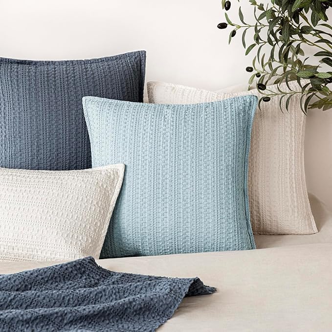 Foindtower Set of 2 Decorative Cotton Waffle Weave Throw Pillow Covers Euro Shams Cushion Covers Accent European Pillowcase for Bed Couch Sofa Bedroom Living Room Home Decor 22×22 Inch Light Blue