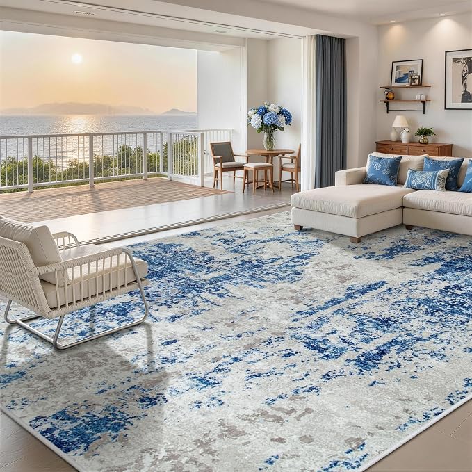 9x12 Area Rugs for Living Room Rug Washable: Abstract Large Rug for Dining Room Bedroom Carpet Non Slip 9 by 12 Indoor Modern Nursery Home Office Blue Grey White