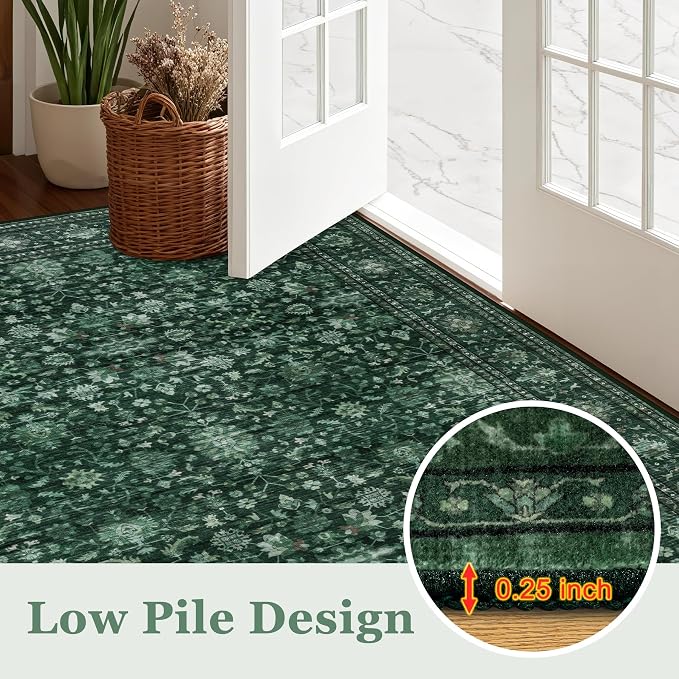 Round Area Rug for Living Room: 8 ft Washable Vintage Boho Soft Thin Circle Rug Indoor Floor No Slip Stain Resistant Carpet for Bedroom Dining Room Farmhouse Nursery Home Office -Deep Green