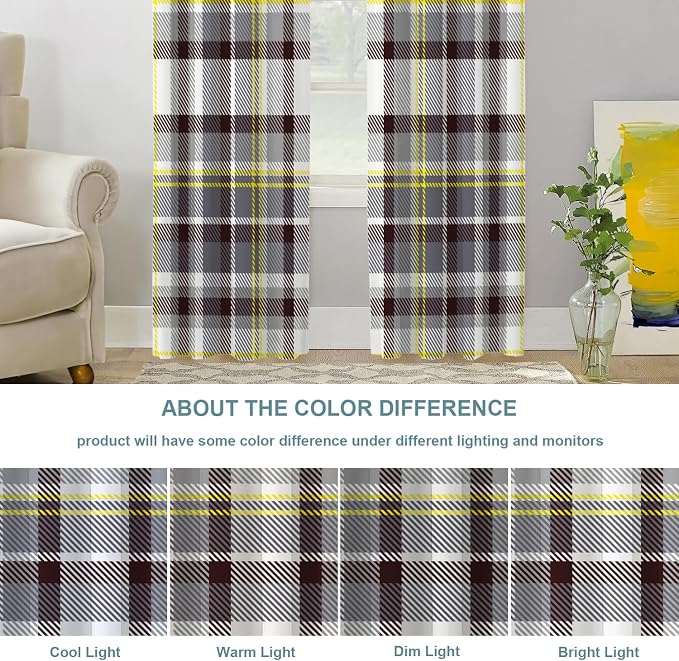 Shrahala Grunge Vintage Art Plaid Blackout Window Curtains, Tartan Grey Thermal Insulated Curtains Grommet Top Window Drapes for Living Room, Bedroom (2 Panels,52 x 84 in)