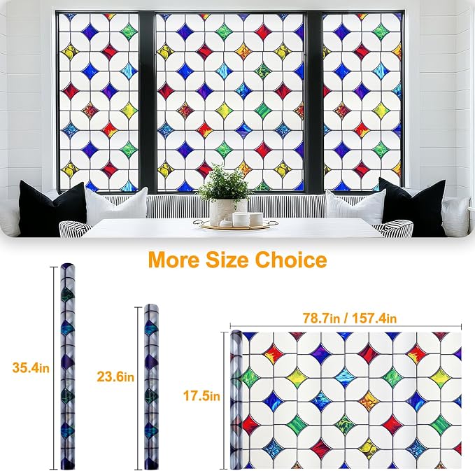 Stained Glass Window Film - Non-Adhesive Colorful Privacy Film | Privacy Protection, Reusable & Renter Friendly | Perfect for Bedroom/Bathroom Room Decor (Frosted Mosaic, 17.5 X 78.7 in)