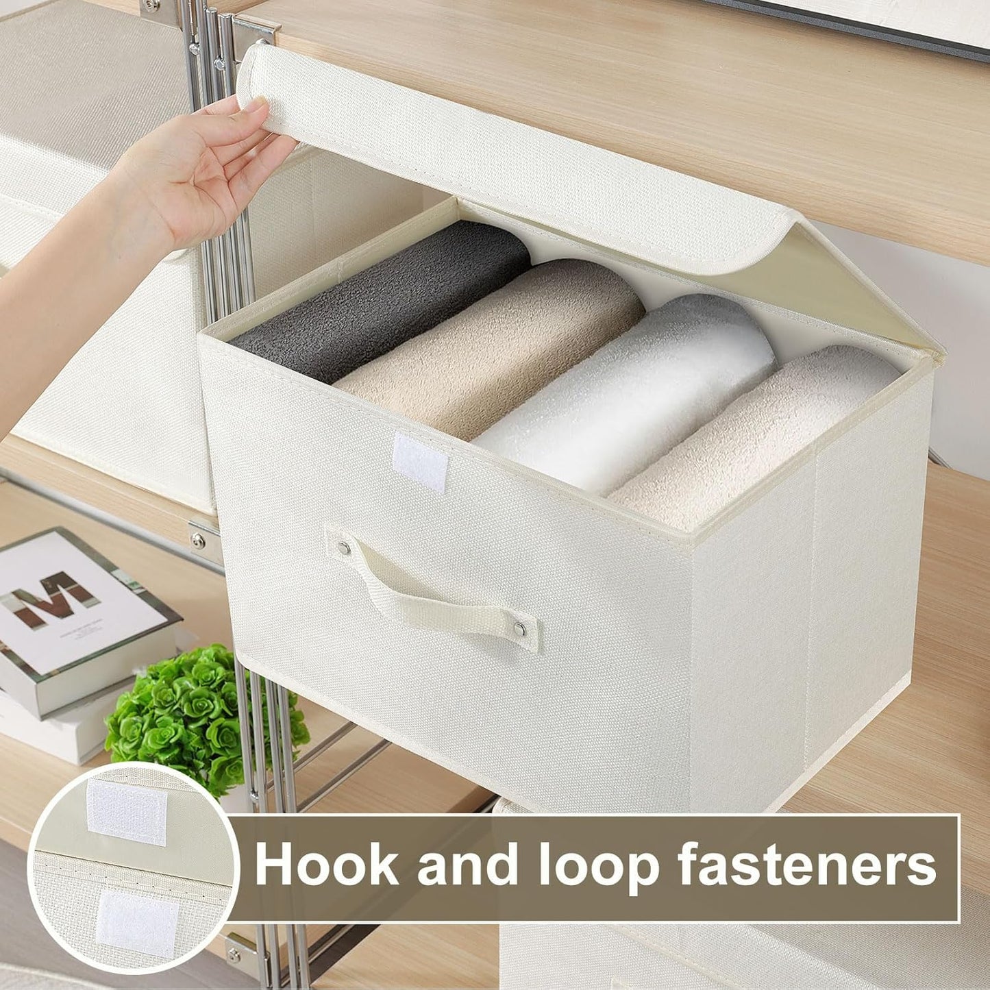 Storage Boxes, Collapsible Storage Bins with Lids, Cotton and linen cloth Storage Baskets with Handle, for Books, Closet, Bedroom, Home, 15x9.8x9.8 in, Beige