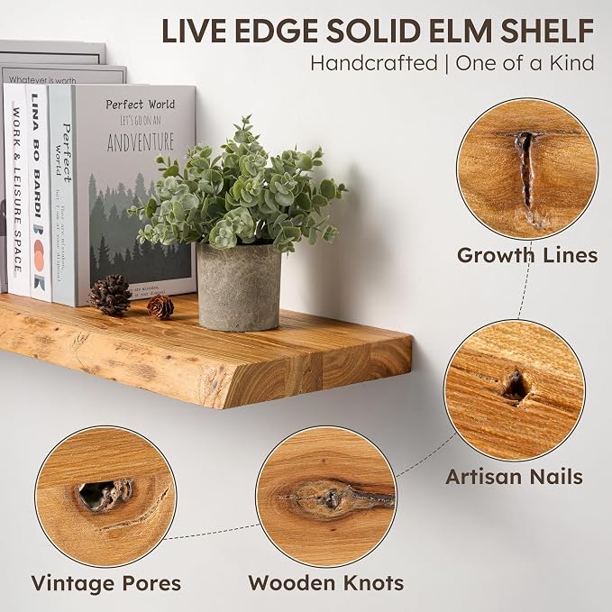 Floating Shelves Set of 2, Solid Elm Wood Wall Shelves 32 Inch - Invisible Bracket Mount for Living Room, Bedroom, Kitchen, Bathroom - Natural
