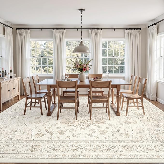 4x6 Area Rugs for Living Room: Vintage Boho Neutral Washable Rug Indoor Soft Large Area Rug Carpet for Bedroom Nursery Farmhouse Dining Room Office Floor Non-Slip Low Pile Under Table Rug Beige White