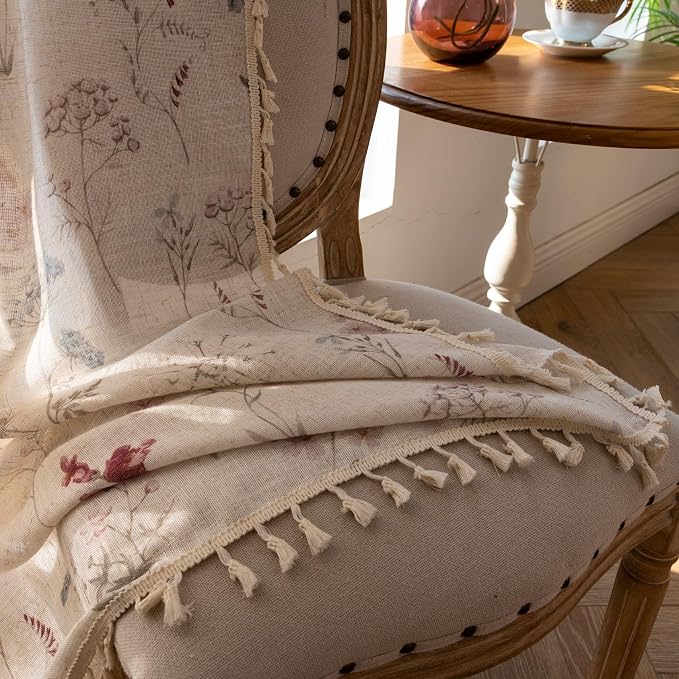 OYX Boho Floral Curtains 84 Inch, Farmhouse Floral Linen Drapes with Tassels, Light Filtering Semi Sheer Curtains for Living Room Bedroom, 2 Panels, Rod Pocket, 52Wx84L