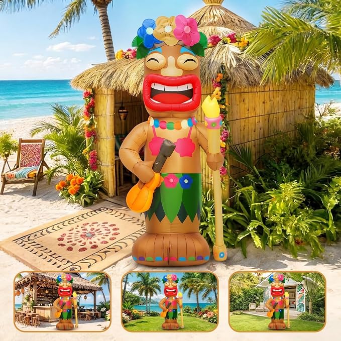 Shappy 5 ft Tiki Inflatable Surfboard for Luau Hawaiian Party Decorations Summer Inflatables Outdoor Built-in LED Blow up Tiki Beach Tropical Aloha Bar Beach Pool Surfing Yard Party Decorations
