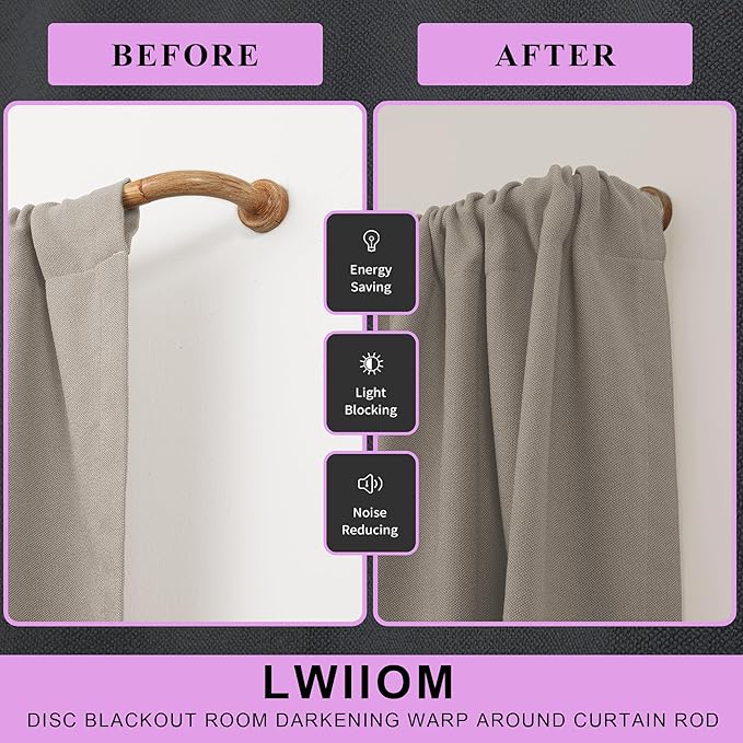 Light Wood Grain Disc Curtain Rods, 28-48 Inches Window Curtain Rod,Adjustable Room Darkening Drapery Rod with Aluminum Finials and Brackets,Wrap Around Design