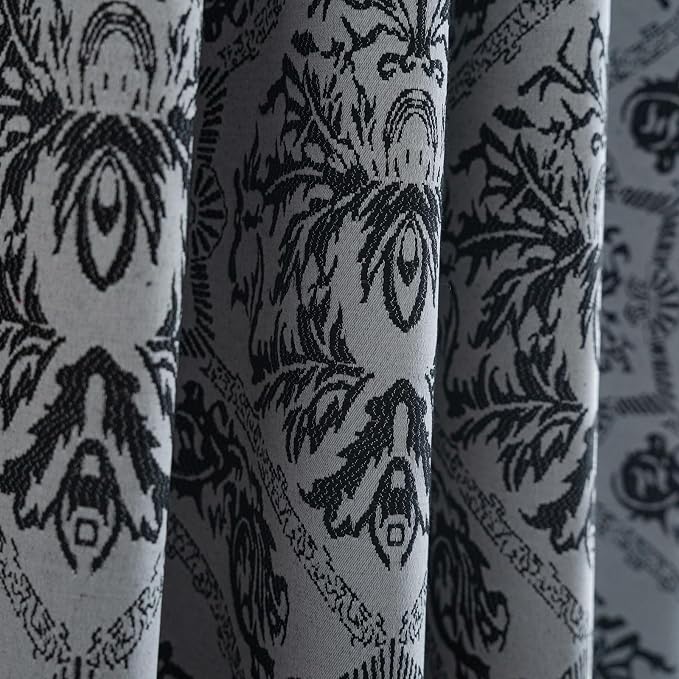 ENJOYBRIDAL Black Damask Curtains 63 Inch Long Semi Sheer Rod Pocket Drapes Bedroom Living Room 2 Panels Short Window Curtain Panels Boho Jacquard Medallion Pattern Light Filtering Window Treatments
