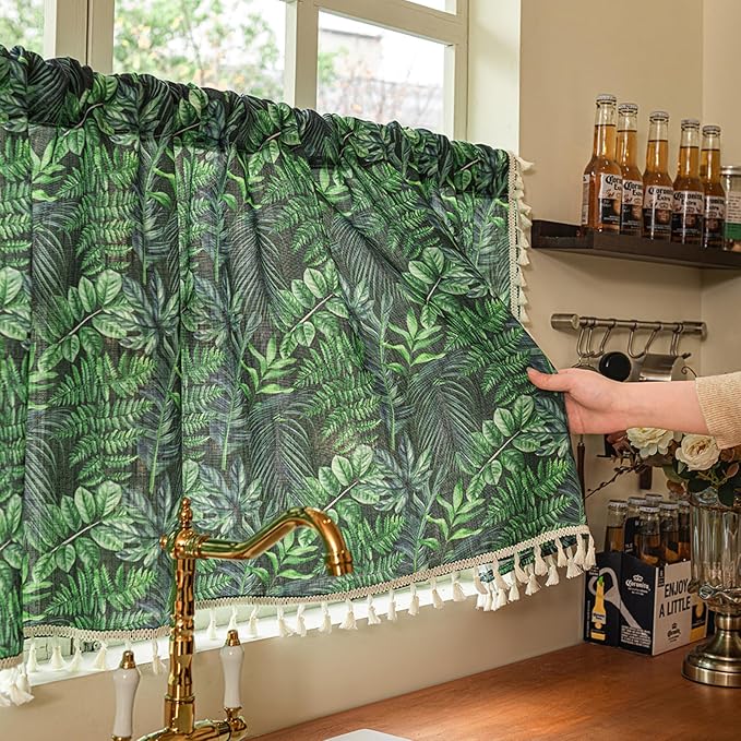 Deeprove Boho Valance Kitchen Window Curtain Over Sink Tropical Botanical Leaves Print 18 Inch with Fringes Natural Rainforest Plant Small Short for Summer Decor Cafe Privacy 1 Panel 52W x 18L
