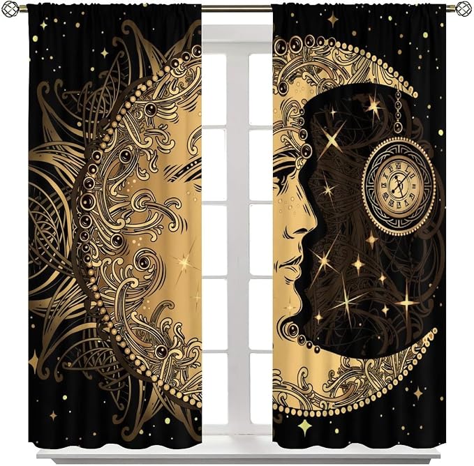 Sun Moon Blackout Windows Curtains, Retro Bohemian Antique Hippie Gold Sun Crescent and Star Curtains, for Living Room Bedroom 42x63in 2 Panels