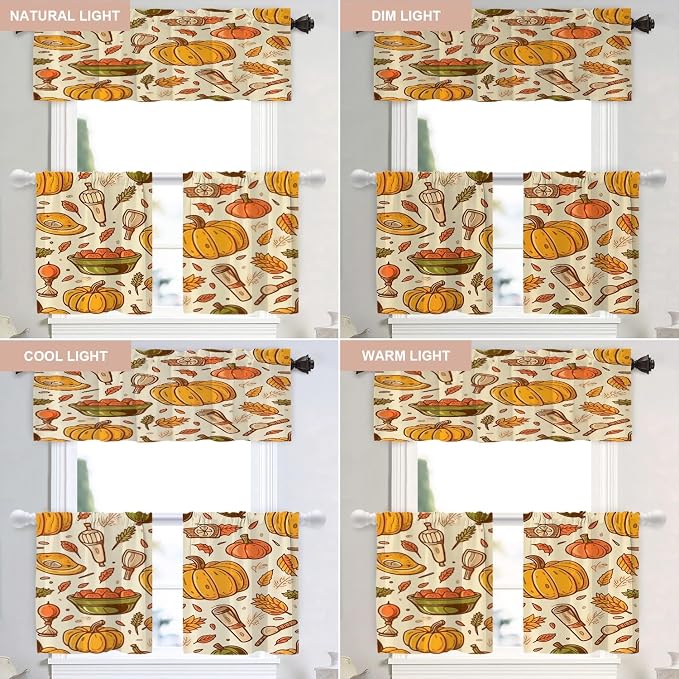Shrahala Thanksgiving Seamless Pattern Blackout Curtain Tiers, Pumpkin Apple Pear Leaves Kitchen Valance Light Blocking Tier Drapes with Rod Pocket, 2 Pack 26 X 24 in
