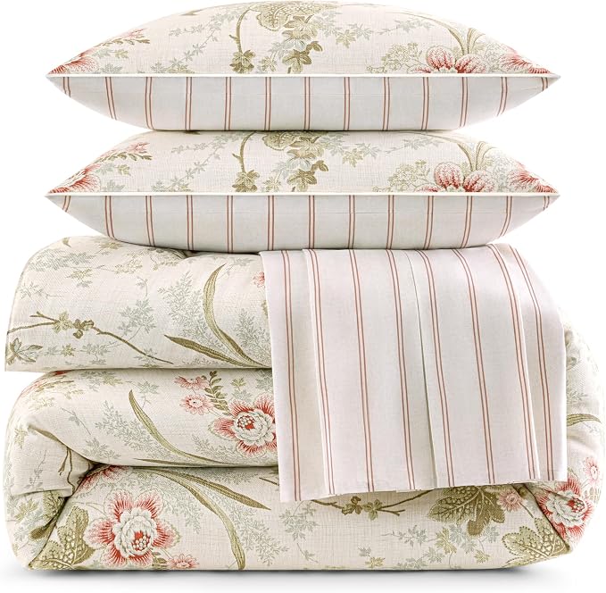 Waverly Stonington 4-Piece 100% Cotton Comforter Set – Full/Queen Ivory, Textured Basket Weave Bedding with Bed Skirt & 2 Pillow Shams