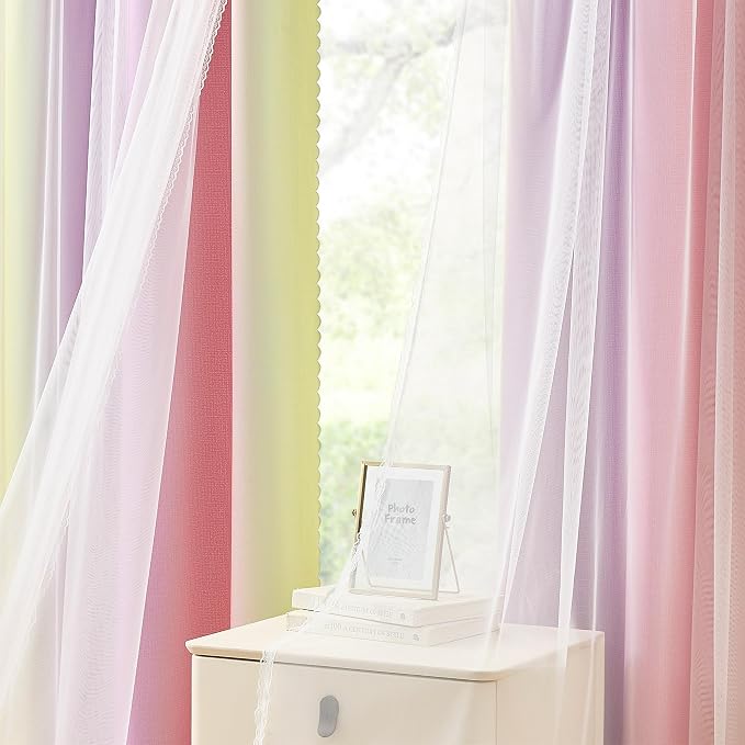XiDi Pink Yellow Curtains 84 Inches Long 2 Panels for Girls Bedroom Blackout Curtains with Sheer Overlay for Kids Princess Nursery Room Darkening Mix & Match Double Layer Grommet Drapes W34 X L84