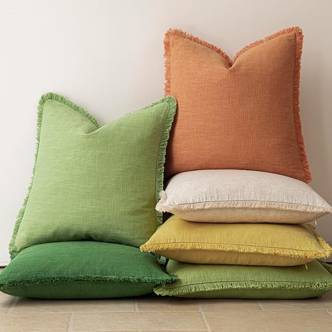 Foindtower Set of 2 Decorative Linen Fringe Throw Pillow Covers Cozy Boho Farmhouse Cushion Cover with Tassels Soft Accent Pillowcase for Couch Sofa Bed Living Room Home Decor,20×20 Inch,Ginger Yellow