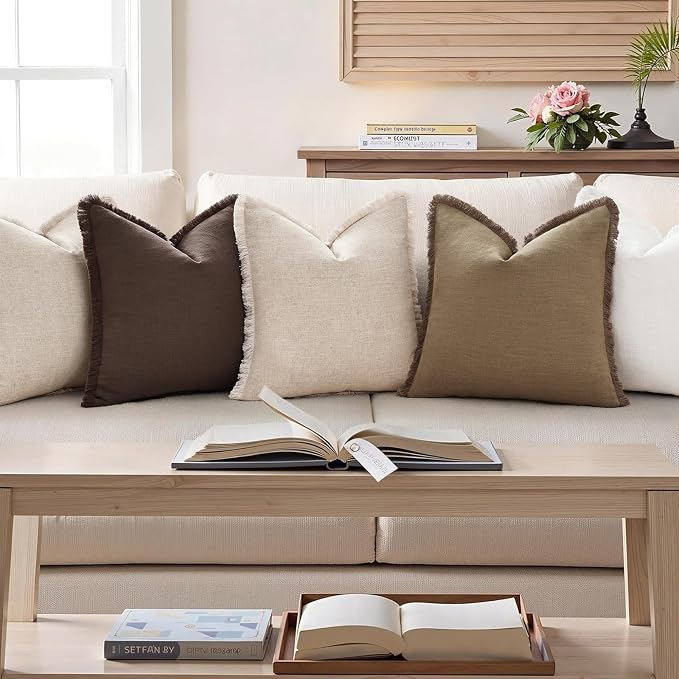 decorUhome Linen Fringe Throw Pillow Covers Set of 2 Decorative Chocolate Pillow Covers with Tassels Soft Accent Boho Farmhouse Pillow Cases for Couch Bed Sofa 20x20 Inch