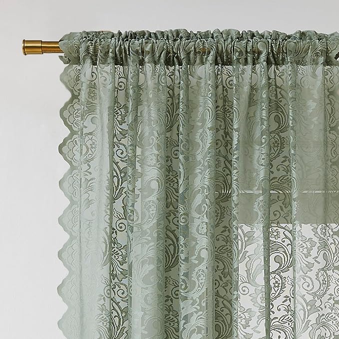 Bujasso Sage Green Lace Sheer Curtains for Bedroom Small Window Boho Vintage Floral Embroidered Drapes with Scalloped Edge,Light Filtering&Privacy,Rod Pocket 2 Panels 52Wx54L Inches